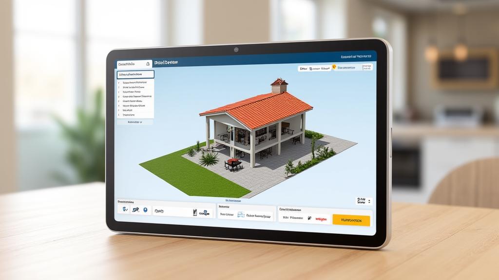 Screenshot of a user-friendly 3D outdoor kitchen design tool interface on a tablet, showing a virtual custom kitchen