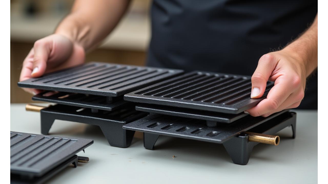 Close-up of hands arranging modular grill components, showing interchangeable grates and accessory attachments on a clean, light background.