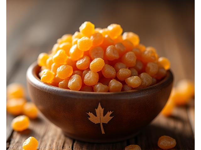 Uniform golden-brown maple wood pellets in a wooden bowl.